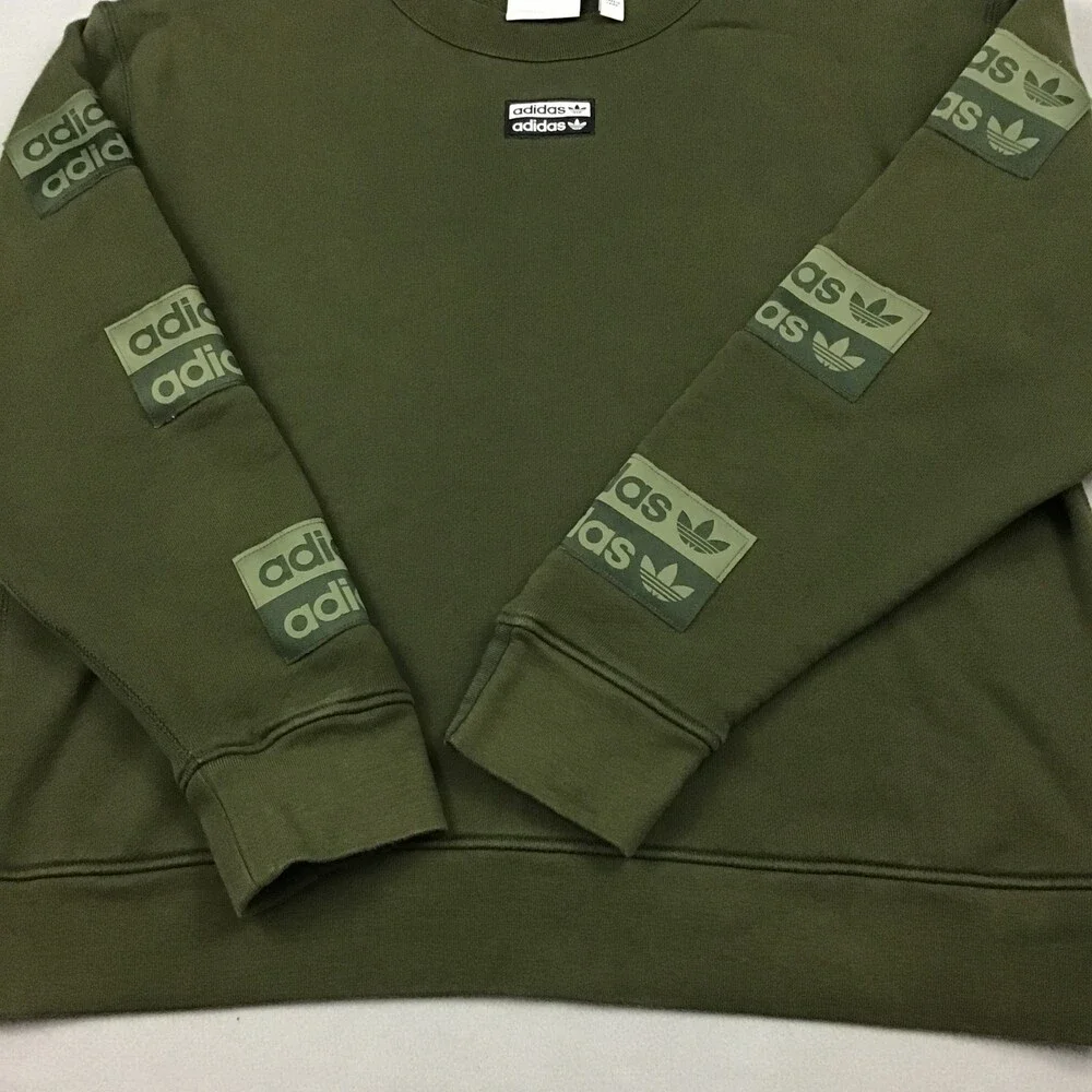 Adidas Sweatshirt Men Small Olive Repeating Trefoil Box Logo Sleeves Crewneck S